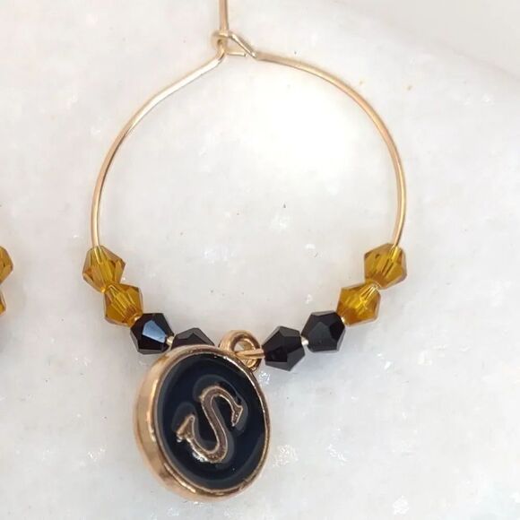 Initial Charm Earrings Black and Gold - Picture 9 of 16